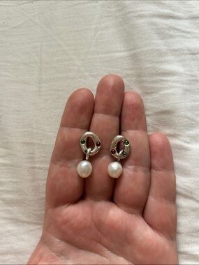Silver Wolf Circus Pearl Drop Earrings with Red, Blue and Green stones